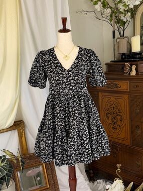 A.N.A Floral Puff Sleeve Tiered Babydoll Cotton Mini Dress XS Summer Coastal